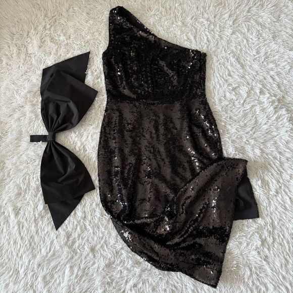 Veronica Beard Bader One Shoulder Black Sequins Midi Dress Size 8 - Picture 11 of 12